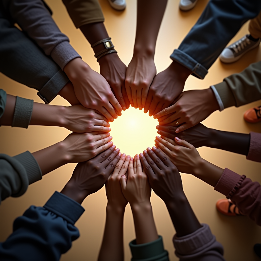 Diverse group of people holding hands in a circle, symbolizing community support and unity for ALS patients and their families, warm lighting, compassionate atmosphere