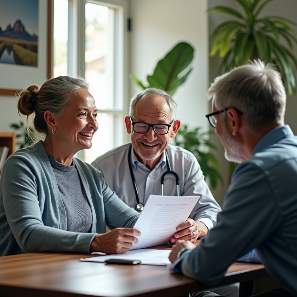 Compassionate patient navigator sitting at a table with an ALS patient and their family members, reviewing medical documents and treatment options in a warm, welcoming office environment with natural lighting