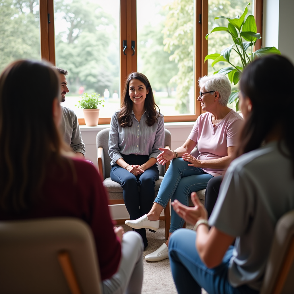 Diverse group of patients, families, and caregivers sitting in a comfortable circle during a support group meeting, with a healthcare professional facilitator leading the discussion in a warm, welcoming room with natural lighting