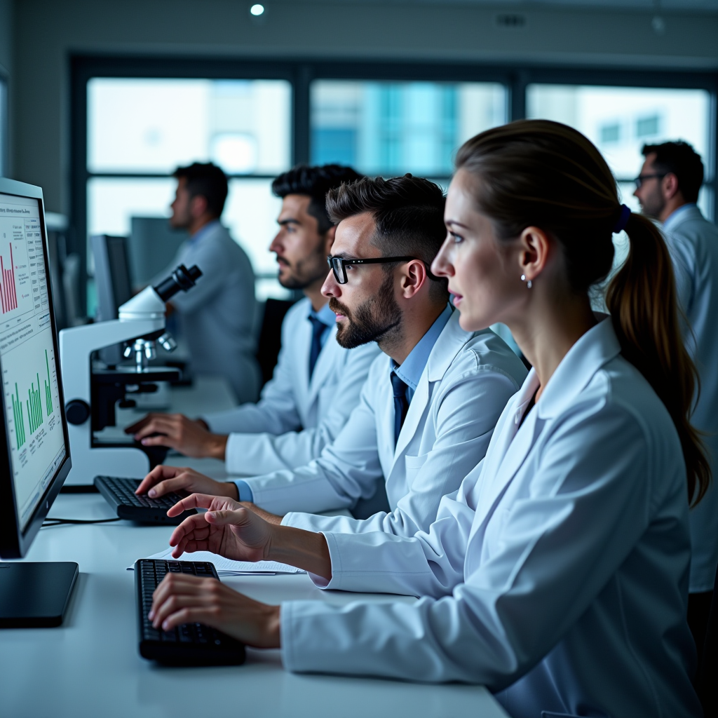 Medical researchers in a modern laboratory examining clinical trial data on computer screens, with microscopes and medical equipment visible, showing diverse team of scientists working on ALS treatment breakthrough